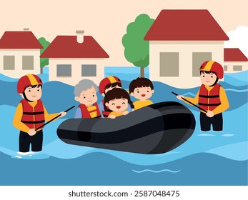 This heartwarming illustration depicts a flood rescue operation where emergency responders in life jackets and helmets assist people, including children and the elderly, onto a safety raft. The floode