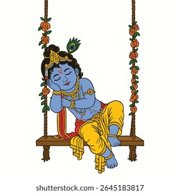 This heartwarming illustration features baby Krishna peacefully sleeping on a flower-adorned swing. Adorned with traditional jewelry, a peacock feather, and a vibrant yellow dhoti,