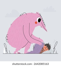 This heartwarming illustration features a gentle pink monster carefully tucking a sleeping child into bed. It conveys themes of protection, childhood, and imagination.