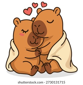 Diese herzerwärmende und unglaublich niedliche digitale Illustration zeigt ein Paar bezaubernder Capybaras, die größten und beliebtesten Nagetiere der Welt, die einen zärtlichen und intimen Moment teilen, während sie eng unter einer weichen, cremefarbenen Decke zusammenkuscheln. Die Szene ist von tiefer Zuneigung, Komfort und Ruhe durchdrungen und wird von drei charmanten rosa Herzen unterstrichen, die sanft über den Köpfen des Paares schweben und Liebe, Romantik und Freundschaft symbolisieren. Das im modernen Cartoon-Sticker-Stil entworfene Kunstwerk verfügt über saubere, kräftige schwarze Umrisse und eine warme Farbpalette aus erdigen Braun-, Bräunungs- und sanften Pinks auf den Wangen, die einen visuell ansprechenden und professionellen Look schaffen, der perfekt für eine Vielzahl kreativer Anwendungen geeignet ist. Diese qualitativ hochwertige Charakterkunst im Vektorstil ist eine ideale Wahl für digitale Kreative, die nach fesselnden Inhalten für Social-Media-Aufkleber, romantische Grußkarten, Valentinstag-Marketingkampagnen oder Lehrmaterialien suchen, die sich auf Tierverhalten und soziale Bindungen konzentrieren. Der minimalistische Ansatz und der isolierte weiße Hintergrund sorgen dafür, dass dieses charmante Capybara-Duo leicht in verschiedene Designprojekte integriert werden kann, darunter Website-Banner, mobile App-Schnittstellen und Print-on-Demand-Produkte wie Aufkleber, T-Shirts und Poster. Jedes Detail, von den friedlichen geschlossenen Augen der Capybaras und dem kleinen Lächeln bis hin zu den weichen Falten der gemütlichen Decke, wurde sorgfältig gemacht, um ein Gefühl von Sicherheit, Gelassenheit und emotionaler Wärme zu erzeugen. Als Symbol für Frieden und Zusammengehörigkeit finden diese stilisierten Tiere bei Zuschauern aller Altersgruppen Anklang und sind damit ein vielseitiges Maskottchen für Marken, die sich auf Wellness, psychische Gesundheit, Familie und Naturschutz konzentrieren. Diese Illustration erfasst effektiv die Essenz eines gemütlichen Lifestyle-Trends und bietet ein einzigartiges und unvergessliches Bild, das sich in Suchergebnissen abhebt und professionelle Designer anspricht, die nach hochwertigen, konzeptionsorientierten Bildern suchen, die komplexe menschliche Emotionen durch das verwandte und trendige Objektiv beliebter Tierfiguren kommunizieren.