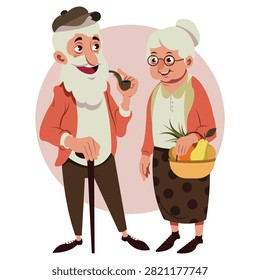 This heartwarming vector illustration depicts a smiling elderly couple, showcasing a happy and healthy lifestyle in their senior years. The grandfather character is styled with a white beard, a flat cap, a walking cane, and a classic smoking pipe, while the grandmother wears glasses and holds a wicker basket filled with fresh fruits like pears and oranges. Celebrating themes of family longevity, retirement, and Grandparents Day, this graphic is perfect for senior care healthcare platforms, community center banners, and intergenerational family greeting cards.#GrandparentsDay #SeniorCitizens #HealthyAging #ElderlyCare #RetirementLife #FamilyIllustration #GoldenYears #VectorCharacters #GrandfatherAndGrandmother #HappyCouple