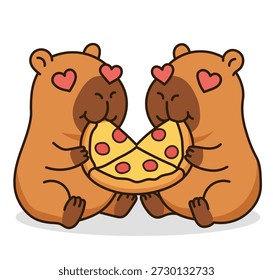 Diese herzerwärmende und lebendige digitale Vektorgrafik zeigt zwei unglaublich süße braune Capybara-Comicfiguren, die ein romantisches Date genießen und dabei ein köstliches Stück Pizza mit Pfefferoni teilen. Die Figuren sind mit leuchtend rosa Herzen in ihren Augen dargestellt, die sofort Gefühle der Liebe, Zuneigung und reinen kulinarischen Genuss vermitteln, während sie eng sitzen und das kitschige Pizzastück mit ihren winzigen Pfoten halten. Das in einem professionellen modernen Sticker-Stil entworfene Kunstwerk präsentiert saubere, fette schwarze Umrisse und eine warme Farbpalette, was diese charmanten Nagetiere zu perfekten Maskottchen für Social-Media-Emoji-Packs, mobile App-Schnittstellen oder dekorative digitale Elemente macht. Im Mittelpunkt stehen die goldgelb geschmolzenen Käse- und roten Peperoni-Beläge, die die Freude am gemeinsamen Essen und den Komfort des Miteinanders auf wundersame und freundliche Weise symbolisieren. Diese hochwertige Grafik auf minimalistischem und sauberem weißem Hintergrund bietet professionellen Designern und Content-Erstellern maximale Vielseitigkeit, um das Duo nahtlos in Website-Banner, Pizzeria-Menüdesigns, Fast-Food-Werbung oder romantische Valentinstag-Grußkarten zu integrieren. Jedes Detail, von den abgerundeten Ohren der Capybaras und dem sanften Lächeln bis hin zur Krustenstruktur und den glänzenden Reflexionen auf den Herzaugen, wurde sorgfältig erarbeitet, um eine polierte kommerzielle Ästhetik zu gewährleisten, die sich in Suchergebnissen abhebt und globale Käufer anspricht. Da Capybaras weiterhin ein beliebtes Tier sind, das für seine friedliche Natur bekannt ist, kombiniert diese Illustration ihre Popularität mit universellen Themen wie Datierung, Hunger und Glück und ist damit ein wertvoller Vorteil für Marken, die sich auf Gastfreundschaft, Lebensstil und Jugendkultur konzentrieren. Dieses fröhliche Maskottchen-Design vermittelt effektiv positive Emotionen und ein Gefühl von Spaß. Es bietet eine einzigartige und unvergessliche visuelle Lösung für verschiedene kreative Projekte, Print-on-Demand-Produkte wie Bekleidung und Schreibwaren sowie fesselndes digitales Storytelling über verschiedene Medienplattformen hinweg.