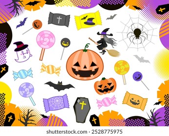 Este es un conjunto de ilustración de helloween: jota o linterna, bruja, fantasma, murciélago, araña y Web, caramelo, ataúd.