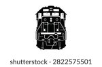 This high contrast black and white graphic depicts the front profile of a diesel locomotive engine, presented as a clean and bold minimalist vector style illustration.