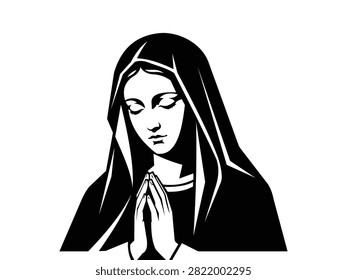 This high contrast black and white graphic depicts the Virgin Mary with hands clasped in prayer. The isolated object on a transparent background features a striking silhouette style as a distinctive feature, perfect for religious design projects and spiritual artistic applications.