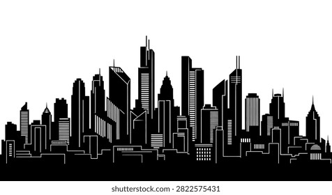 This high contrast black and white graphic illustration depicts a dense urban skyline featuring numerous tall skyscrapers and modern buildings set against a clean and simple white background.