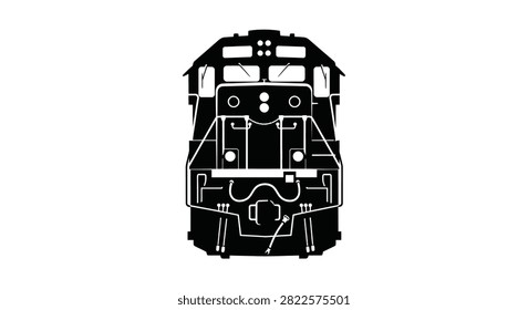 This high contrast black and white graphic depicts the front profile of a diesel locomotive engine, presented as a clean and bold minimalist vector style illustration.