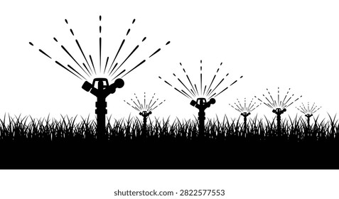 This high contrast graphic depicts several irrigation sprinklers actively watering a lush meadow with fine droplets of water spraying outwards against a clean white background.