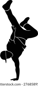 This high contrast vector illustration showcases a talented dancer executing an impressive breakdance freeze move. The bold graphic design emphasizes fluid motion and rhythmic energy, capturing the core essence of modern street dance culture with artistic flair and strong athletic posture.
