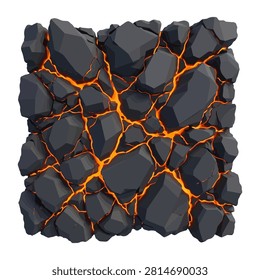 This high quality 3D render displays a dark volcanic rock surface featuring glowing orange molten magma flowing through deep cracks. The intense heat energy and jagged stone textures create a powerful abstract background for various professional projects.