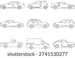 This high quality collection features nine distinct vehicle side view outlines. The set includes a sedan hatchback sport coupe SUV crossover pickup truck cargo van and a classic beetle. These clean line drawings are perfect for coloring activities technical design templates and creative icons.