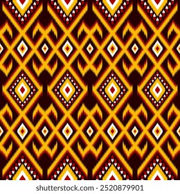 This high quality, colorful Ikat, featuring ethnic tribal patterns, stands out with vibrant shades of red, yellow, black and turquoise, perfect for fabric printing, digital backgrounds and fashion 
