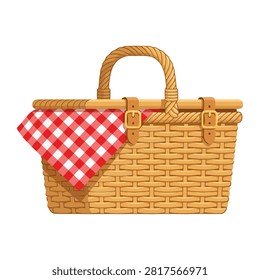 This high quality illustration showcases a classic wicker picnic basket with a distinct red and white gingham cloth hanging from the side. The basket is crafted from natural wood fibers and features sturdy brown leather buckles for a traditional rustic look.