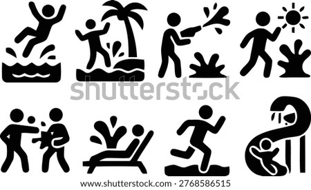 This high quality vector graphic illustration displays a collection of black icons depicting people enjoying summer water activities. These simplified designs represent various fun holiday pastimes including swimming, sliding, and playing, making them perfect for travel websites or creative digital design projects.