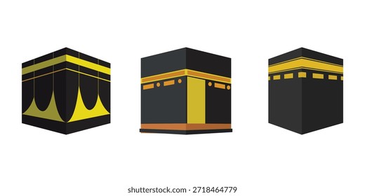 This high quality vector illustration features a set of 3 Haram Kaaba designs in elegant black, white, and golden yellow colors,- in different angles, representing the sacred Kaaba in Makkah, Saudi Arabia. The artwork symbolizes the spiritual heart of Islam and reflects the deep religious significance of Hajj and Umrah pilgrimage, the largest Islamic international festivals of Muslims from around the world. Clean lines, balanced composition, and rich contrast make this vector ideal for Islamic posters, banners, brochures, web design, mobile apps, presentations, social media, and educational content. The illustration is perfect for themes related to faith, worship, prayer, Ramadan, Eid, pilgrimage, and halal tourism. It also highlights religious tourism in Saudi Arabia, one of the most important destinations for Muslim travelers. Fully editable, scalable, and print-ready, this vector artwork works well for both digital and print use, including flyers, invitations, background designs, infographics, and cultural projects. An ideal visual for designers seeking meaningful content with a modern and professional style. Religious icon and symbol for hajj and Umrah.