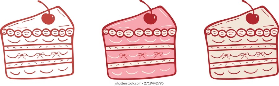 Dieses hochwertige Vektorgrafik-Set umfasst drei charmante Kuchenscheiben, die jeweils sorgfältig handgezeichnet sind und ein klassisches, skurriles Flair aufweisen. Jedes Stück Kuchen wird mit einer lebendigen roten Kirsche, komplett mit einem Stamm, ruht auf einem Bett von zarten frostigen Wirbeln. Die Schichten des Kuchens sind schön detailliert mit dekorativen Bogenakzenten und gewellten Cremelinien, was auf ein reichhaltiges und geschmackvolles Dessert wie Erdbeer-Shortcake oder ein klassisches geschichtetes Tor hindeutet. Die Farbpalette umfasst weiche Pinks, cremige von Weiß und kräftige Beerenrottöne, sodass diese Grafiken perfekt für Backwaren, Café-Menüs, Grußkarten und Partyeinladungen geeignet sind. Verwenden Sie diese vielseitigen Dessert-Symbole für digitale Scrapbooking, Aufkleber oder Social-Media-Inhalte, die sich auf Backen, Süßigkeiten und Feiern konzentrieren. Die sauberen Linien und der künstlerische Stil bieten ein professionelles und dennoch gemütliches Gefühl für jedes lebensmittelbezogene Designprojekt. Egal, ob Sie ein Menü für eine Boutique-Patisserie erstellen oder ein feierliches Poster entwerfen, diese Kuchenvektoren bieten die perfekte Mischung aus Süße und Stil.