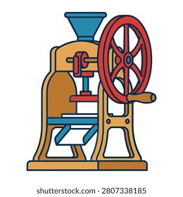 This high quality vector illustration features a vintage hand crank ice shaving machine designed for preparing frozen treats. The classic style tool has a sturdy metal frame and a bright red grinding wheel which makes it perfect for summer refreshing food.