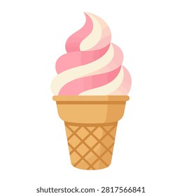This high quality vector illustration depicts a refreshing soft serve ice cream cone with beautiful pink strawberry and white vanilla swirls inside a crunchy golden waffle cone. It is a perfect graphic for summer menus or dessert advertisements today.