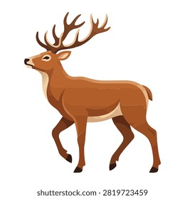 This high quality vector illustration depicts a majestic brown stag standing in profile view with large branching antlers showcased against a clean white background. It represents a beautiful wildlife art piece suitable for nature themes and print media.