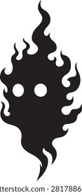 This is a high-contrast, black and white vector-style graphic depicting a spectral or ghostly figure shaped like a flickering flame. The entity is represented as a solid black silhouette with two distinct, empty circular spaces acting as eyes, creating a spooky, minimalist, and supernatural aesthetic suitable for icons, emblems, or stylized character design.