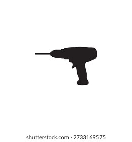This high-contrast graphic features a minimalist silhouette of a power drill. Rendered in solid black against a stark white background, the image displays the tool from a side profile. The design captures the distinct shape of a cordless drill, complete with its handle, main body, and a drill bit extending from the chuck.