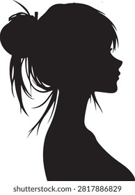 This high-contrast graphic features a solid black silhouette of a young woman's head and neck against a plain white background. The subject is captured in a side profile view, showcasing a messy, textured bun hairstyle with loose strands framing the neck and forehead. The clean, sharp edges of the vector-style illustration create a bold, modern aesthetic suitable for various artistic or design projects.