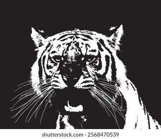 This high-contrast illustration captures the fierce and majestic nature of a tiger through a striking black and white minimalist style