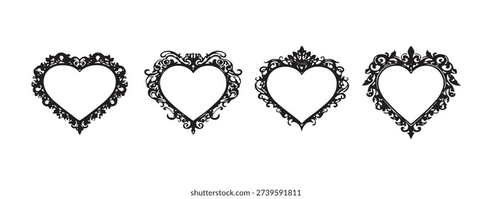 This high-contrast image displays four black silhouette heart frames arranged horizontally. Each heart features intricate, ornate details and filigree flourishes, giving them a vintage or antique aesthetic. The decorative borders surround a clean white center, highlighting the elaborate designs against the plain background.