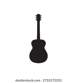 This high-contrast image displays a minimalist black silhouette of an acoustic guitar. The entire outline of the instrument, including its rounded body, neck, and headstock with tuning pegs, is depicted against a plain white background. The clean lines and lack of detail present the guitar as a simple icon or graphic element.
