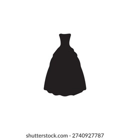 This high-contrast, minimalist image displays the silhouette of a formal dress against a plain white background. The dress, rendered in solid black, features a strapless, fitted bodice that transitions into a voluminous, full skirt. Its iconic shape strongly suggests a ball gown, prom dress, or wedding dress.