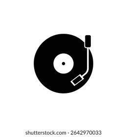 This is a high-contrast monochrome image featuring a vinyl record player, the sleek black disc contrasted by the white label and a tone arm poised to play.