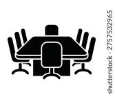 This high-contrast vector icon features a central rectangular conference table surrounded by five office chairs, representing a business meeting setting, boardroom, or collaborative office environment in a simple, flat design style.