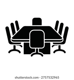This high-contrast vector icon features a central rectangular conference table surrounded by five office chairs, representing a business meeting setting, boardroom, or collaborative office environment in a simple, flat design style.