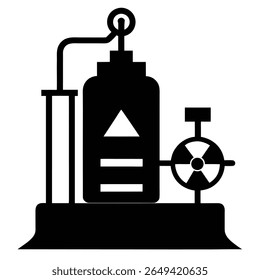 This high-contrast vector shows an intricate, monochromatic apparatus, highlighted by a radiation symbol valve and pressure gauge, presented as a silhouette against transparency.