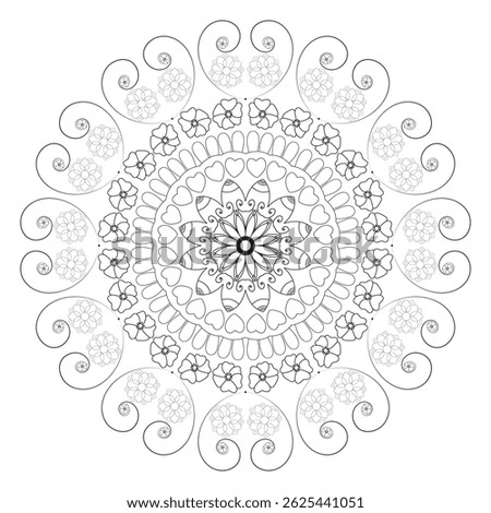 This high-detail mandala design features a harmonious blend of spirals, heart shapes, and floral motifs, rendered in clean black and white vector lines. Perfect for meditation artwork, adult coloring.