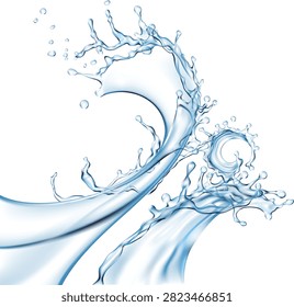 This highly detailed vector illustration captures dynamic, clear blue water splashes and flowing liquid waves freezing in high-speed motion. The design features a beautifully rendered curved splash arc, miniature circular crown ripples, and scattered airborne droplets, all styled with realistic transparency and glossy light reflections. Set against a clean, isolated white backdrop, this graphic element composition is perfect for designing refreshing commercial advertisements for bottled mineral water, summer drinks, skin hydration cosmetics, and hygiene products.#WaterSplash #LiquidMotion #RealisticVector #FreshAqua #GraphicDesignElements #PureWater #DynamicLiquid #CosmeticAdvertising