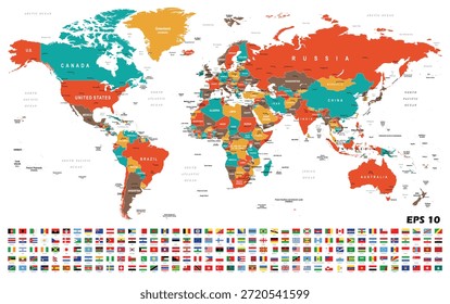 Diese detailreiche Vektorweltkarte zeigt ein umfassendes politisches Layout mit klar definierten Ländergrenzen und souveränen Staaten. Die Karte ist farbcodiert, um zwischen Ländern wie Russland, Kanada, China und den Vereinigten Staaten zu unterscheiden, mit großen kontinentalen Etiketten für eine einfache Identifizierung. Unterhalb der globalen Visualisierung befindet sich eine umfassende und organisierte Sammlung nationaler Flaggen aus aller Welt, die dieses Instrument zu einem unverzichtbaren Instrument für Bildungszwecke, internationale Geschäftsbesprechungen und geografische Studien macht. Das Design umfasst große Inseln wie Grönland und eine klare Kennzeichnung des Atlantiks, des Pazifiks und des Indischen Ozeans. Diese professionelle kartografische Illustration wird in einem hochauflösenden Format bereitgestellt, sodass alle Text- und Flaggensymbole in jeder Größenordnung klar und lesbar bleiben.