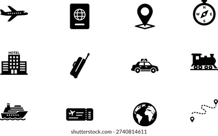 This high-quality collection of 12 travel and vacation icons features clean, black-and-white silhouettes for global tourism. The set includes an airplane, passport, location pin, compass, hotel, luggage, taxi, train, cruise ship, boarding pass, globe, and route map. Ideal for travel agencies, booking apps, navigation websites, or blog graphics, these minimalist vector symbols provide a professional and versatile look for all your adventure projects.