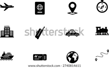 This high-quality collection of 12 travel and vacation icons features clean, black-and-white silhouettes for global tourism. The set includes an airplane, passport, location pin, compass, hotel, luggage, taxi, train, cruise ship, boarding pass, globe, and route map. Ideal for travel agencies, booking apps, navigation websites, or blog graphics, these minimalist vector symbols provide a professional and versatile look for all your adventure projects.