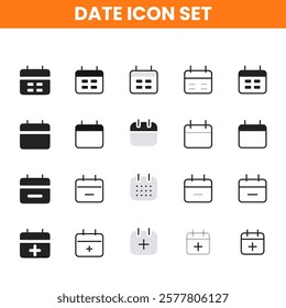 This high-quality date icon set features a collection of sleek and versatile icons representing calendars, clocks, schedules, reminders, and event planning tools. Designed with a clean and modern