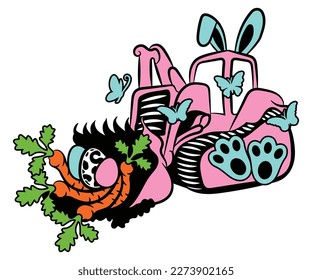 This high-quality digital file is expertly crafted to showcase a colorful and playful image of an excavator with adorable bunny ears picking up carrots and easter eggs. Is also covered in butterflies.