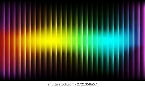 Esta ilustración digital de alta calidad presenta una secuencia rítmica de líneas de Vertical iluminadas por un gradiente de neón que se mueve de rojo intenso y naranja a amarillo brillante, verde, cian y violeta. El fondo oscuro y elegante crea un efecto de onda de energía futurista de alto contraste, perfecto para temas de tecnología, música o diseño moderno.