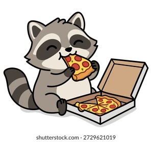 Esta ilustração digital de alta qualidade apresenta um charmoso e altamente detalhado guaxinim antropomórfico, muitas vezes humoristicamente referido como um panda de lixo, entregando-se a um deleite humano por excelência: uma fatia de deliciosa pizza de pepperoni gooey. O personagem é renderizado em um estilo de design plano moderno caracterizado por contornos negrito, preto limpo e uma paleta de cores sofisticada que enfatiza o calor e a brincadeira. O guaxinim, com sua máscara facial preta icônica e cauda em anel espessa, fica sobre um fundo de luz neutra, segurando uma única fatia triangular de pizza que pinga com queijo dourado derretido e é adornado com fatias circulares de pimenta vermelha saborosa. Ao lado do animal está uma caixa de entrega de papelão, aberta e quadrada, mostrando o restante da refeição e sugerindo uma ordem de retirada recente. A técnica artística utiliza gradientes suaves e formas geométricas nítidas, criando uma aparência profissional que é atraente e versátil para vários projetos criativos. Esta obra de arte capta perfeitamente a interseção caprichosa da vida selvagem urbana e da cultura de fast food contemporânea, tornando-a uma escolha ideal para temas relacionados a lanches, apetites noturnos, serviços de entrega de alimentos e ilustrações de animais bem-humoradas. Todos os elementos, desde a textura do pelo cinzento do guaxinim até à crosta torrada da pizza, são meticulosamente trabalhados para garantir um elevado impacto visual. A expressão no rosto do guaxinim é de puro contentamento e alegria, evocando uma resposta emocional positiva do espectador. Este recurso gráfico versátil é adequado para web design, conteúdo de mídia social, publicidade e peças editoriais focadas em vida selvagem engraçada ou tendências populares de alimentos, oferecendo uma mistura única de design de personagens e arte culinária que se destaca em qualquer mercado digital. A composição é centrada e equilibrada, proporcionando amplo espaço em torno do assunto para fácil integração em diferentes layouts e formatos, mantendo um foco claro e direto na narrativa central de uma criatura florestal inteligente desfrutando de uma festa urbana roubada ou eliminada em