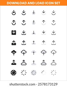 This high-quality download icon set features a collection of modern and professional icons representing download arrows, cloud storage, file transfer, data saving, and document management.