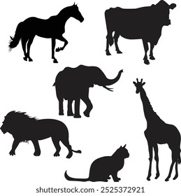 This high-quality EPS vector set features six animal silhouettes: a horse, cow, elephant, lion, giraffe, and cat. Ideal for educational content, wildlife-themed designs, or animal-related projects.