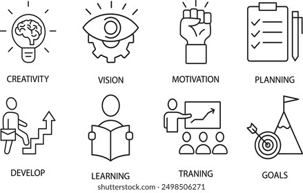 This high-quality icon pack features essential concepts for personal and professional development, including creativity, vision, motivation, planning, development, learning, training, and goals. 