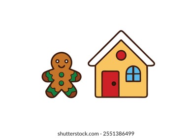 This high-quality isolated vector illustration features a gingerbread house Christmas cookie in line art style, perfect for holiday-themed designs. The image includes a clean silhouette, ideal