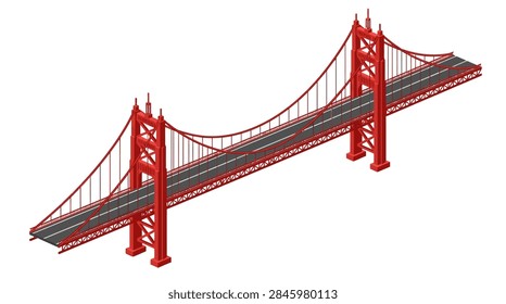 This high-quality isometric flat vector graphic features a detailed red suspension bridge, reminiscent of San Francisco's Golden Gate Bridge. The illustration includes two main towers, swooping suspension cables, vertical support wires, and a two-lane dark grey roadway with white dividing lines. The clean, modern design is presented from an angled 3D perspective on a pure white background, suitable for architectural, travel, or civil engineering-themed designs.