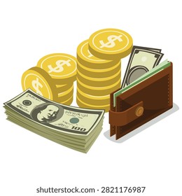 This high-quality isometric vector graphic displays an array of financial elements, including stacks of shiny gold dollar coins, a thick bundle of one-hundred-dollar bills, and a classic brown leather wallet holding extra paper banknotes. Visually capturing themes of asset management, financial security, budgeting, and commercial success, this crisp illustration features realistic details with clean shading. It serves as an ideal graphic asset for personal banking apps, investment consultation blogs, economic textbooks, and accounting service web layouts.#PersonalFinance #MoneySavings #DollarBills #GoldCoins #LeatherWallet #WealthManagement #FinancialGrowth #BusinessCapital #BudgetingTools #VectorIllustration