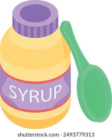 This high-quality isometric vector showcases a detailed and visually appealing syrup bottle with a spoon, perfect for medical, pharmaceutical, and healthcare projects.